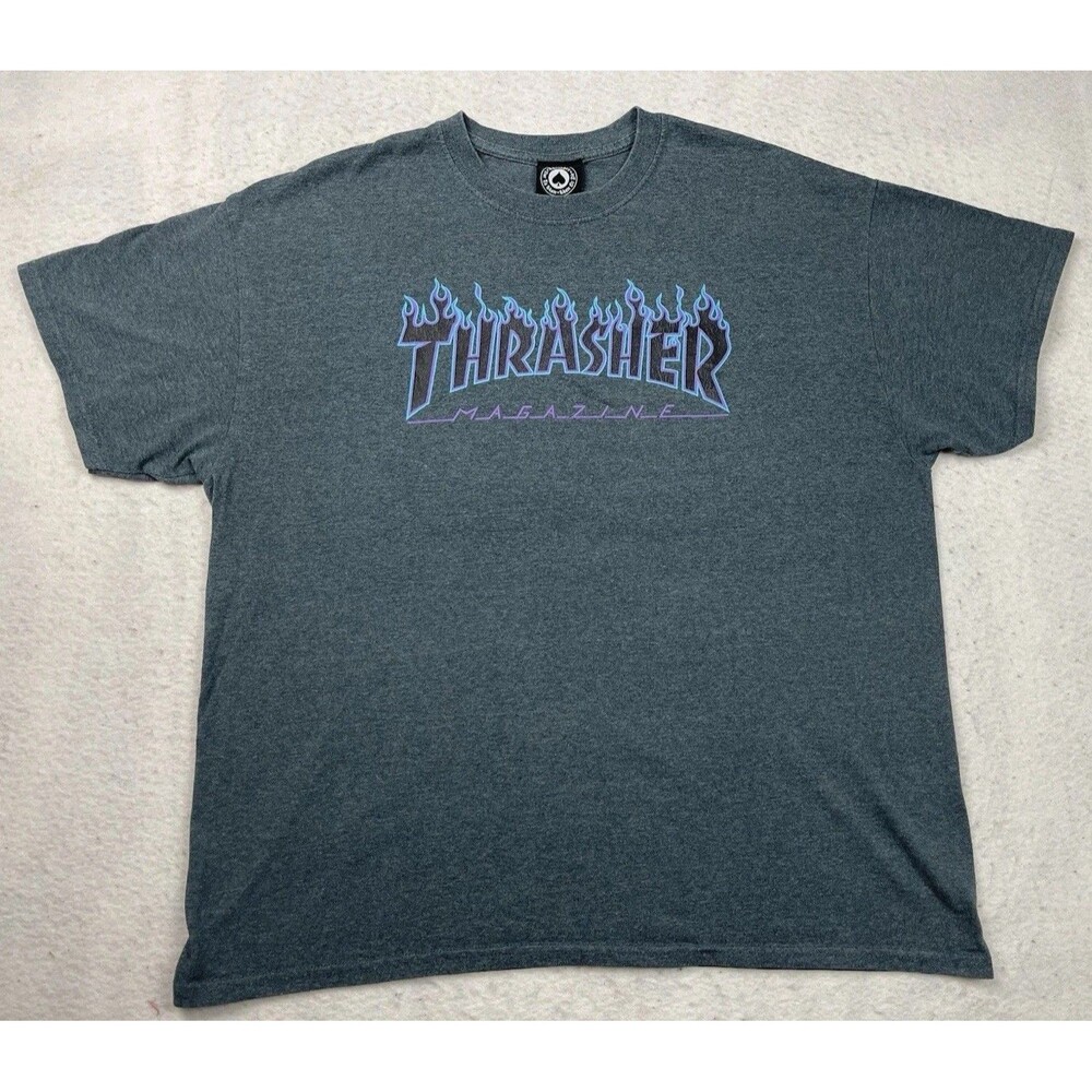 Vintage Size XL Thrasher Magazine Blue Flame Logo Skateboard Gray T-Shirt